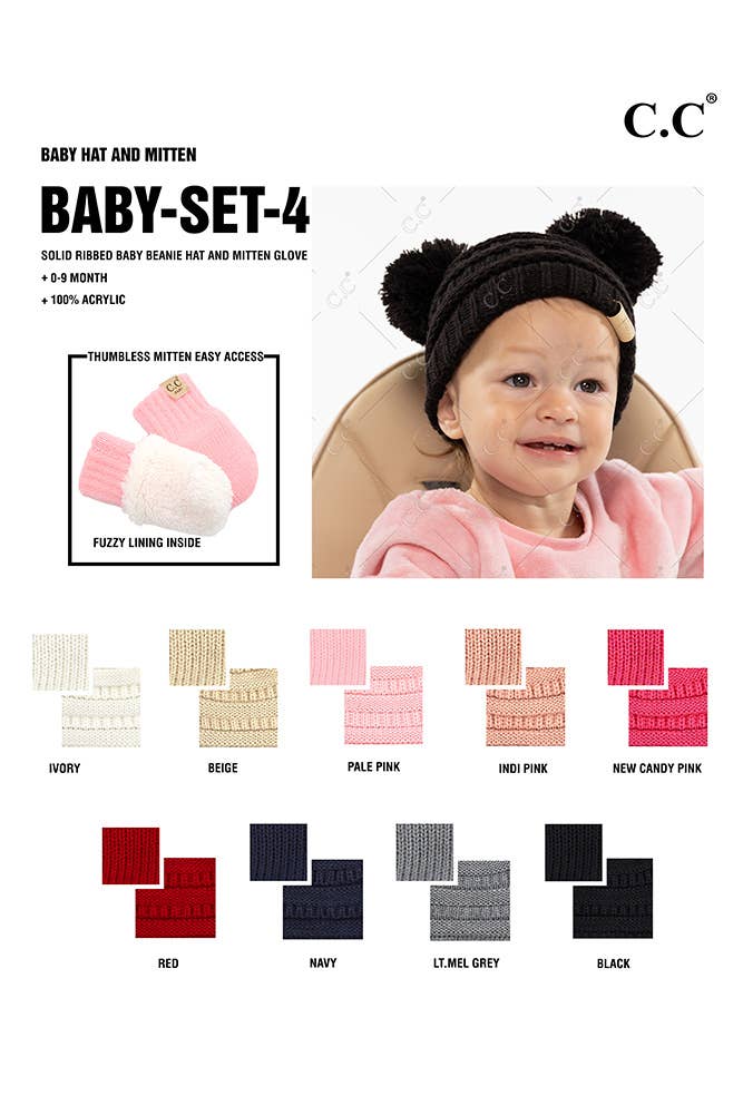 C.C Baby Solid Ribbed Pom Beanie and Mitten Glove