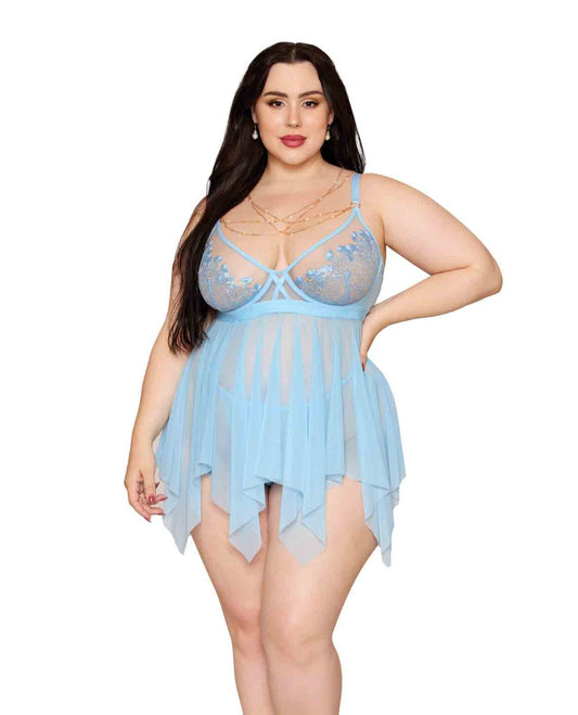 Floral Embroidered Lace and Stretch Mesh Babydoll w/G-String 2 pc Set
