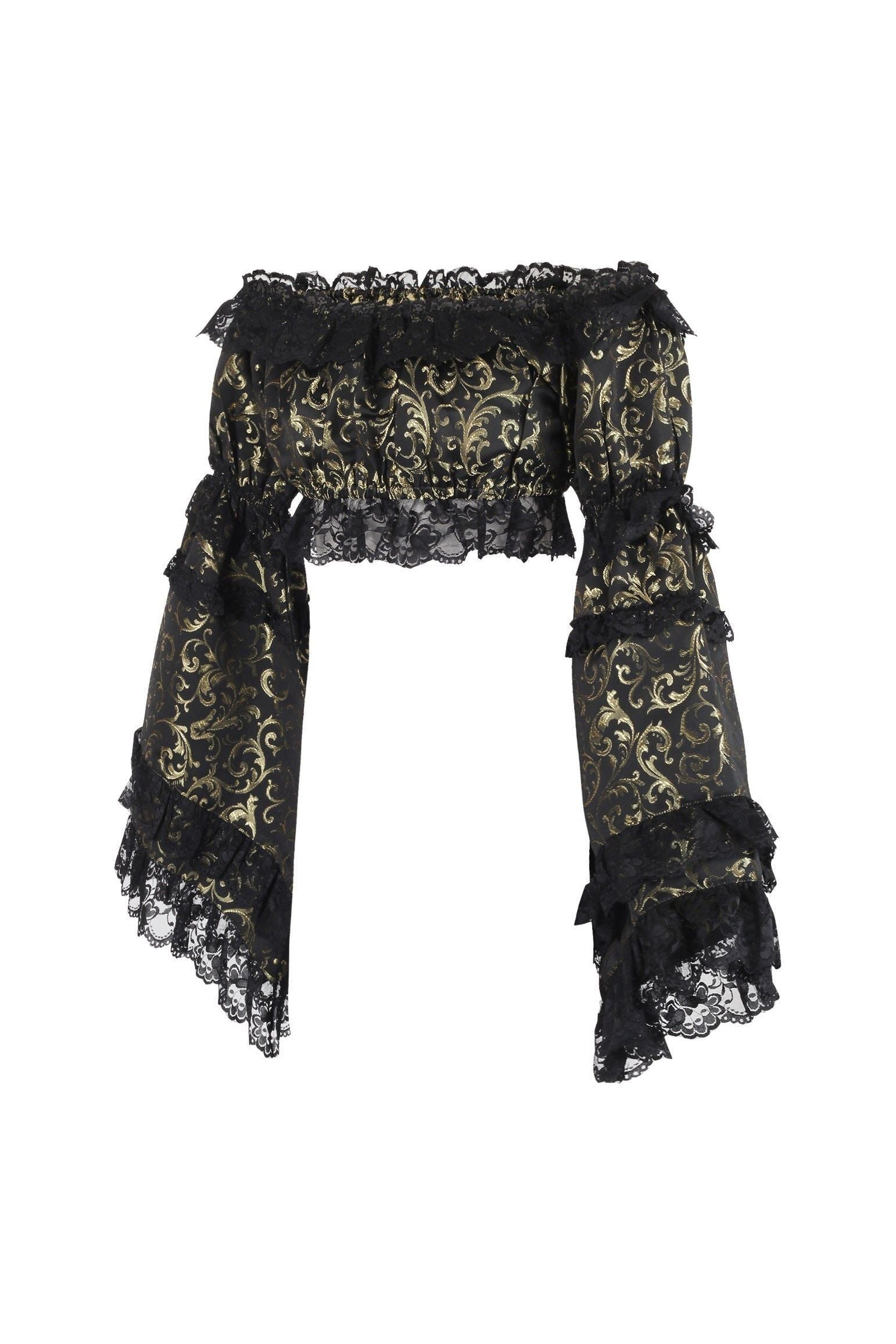 Gold/Black Brocade Smocked Flare Sleeve Peasant Top - Daisy Corsets
