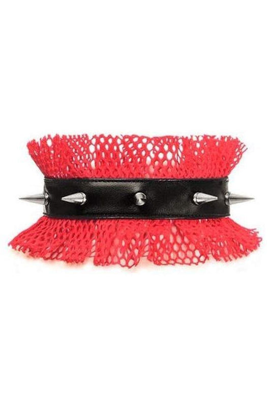 Kitten Collection Red/Black Fishnet Spike Choker - Daisy Corsets