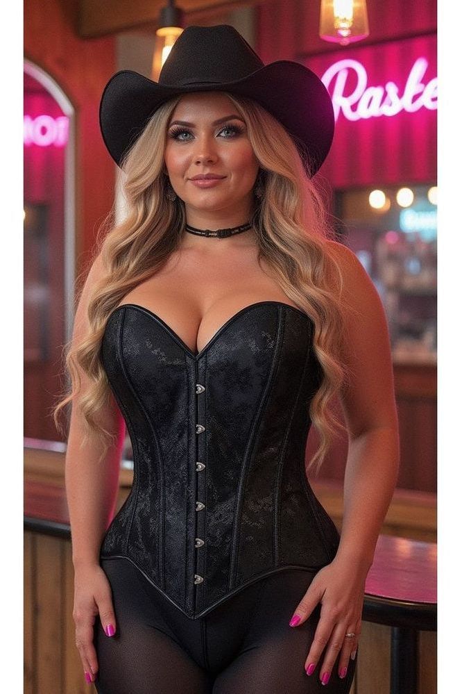 Lavish Black Brocade Overbust Corset W/Busk Closure - Daisy Corsets