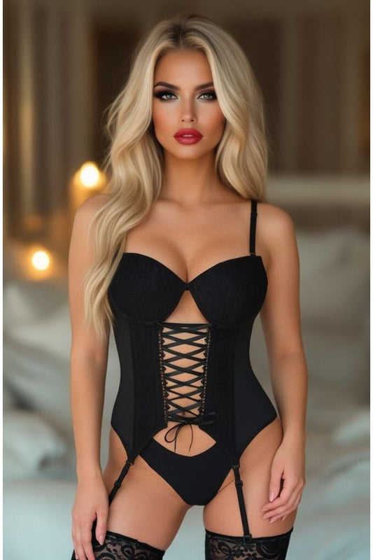 Lavish Black Lycra & Lace Hook & Eye Lace - Up Bustier Corset w/Garters - Daisy Corsets