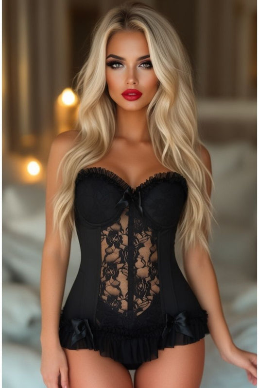 Lavish Black Lycra & Lace Hook & Eye Stretch Bustier Corset - Daisy Corsets