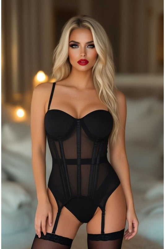 Lavish Black Mesh Underwire Bustier Corset w/Garters - Daisy Corsets