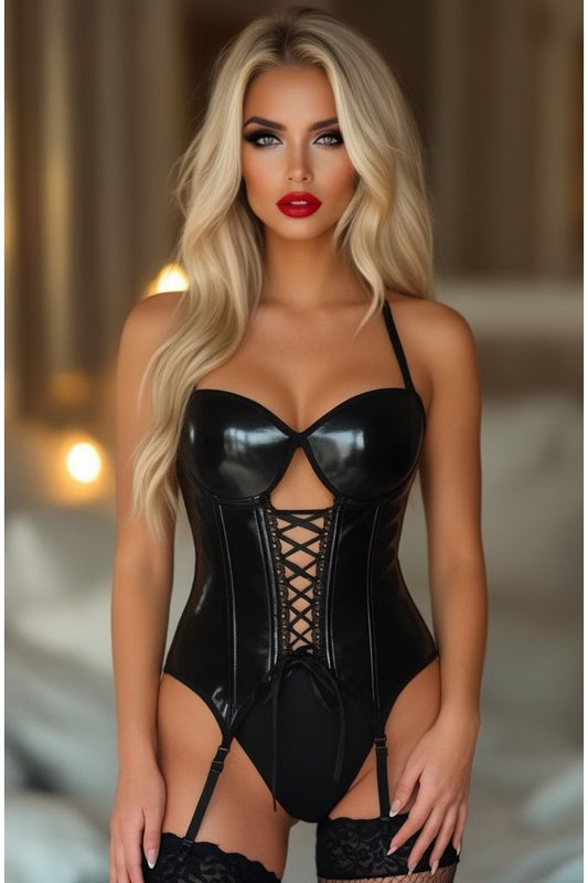 Lavish Black Patent Vinyl Hook & Eye Lace - Up Bustier Corset w/Garters - Daisy Corsets