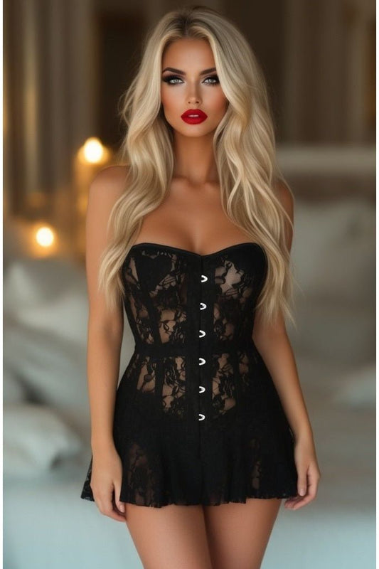 Lavish Black Sheer Lace Corset Dress - Daisy Corsets