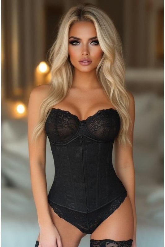 Lavish Black Underbust Corset w/Black Lace Overlay - Daisy Corsets
