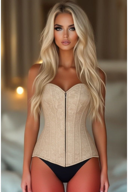 Lavish Dark Beige Lace Overbust Corset w/Zipper - Daisy Corsets
