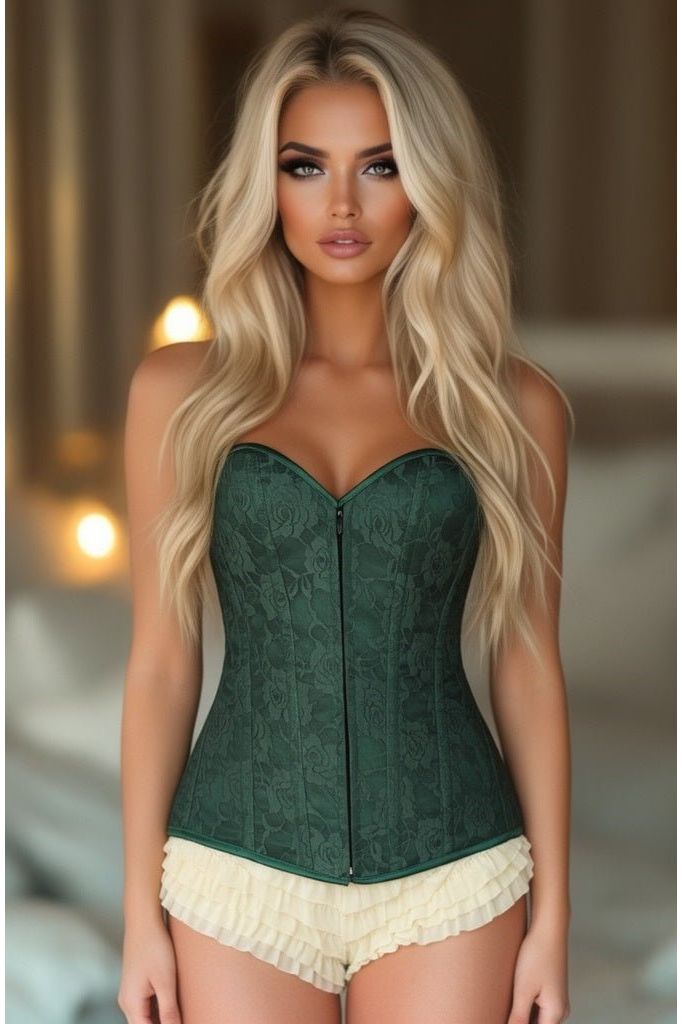 Lavish Dark Green Lace Overbust Corset w/Zipper - Daisy Corsets