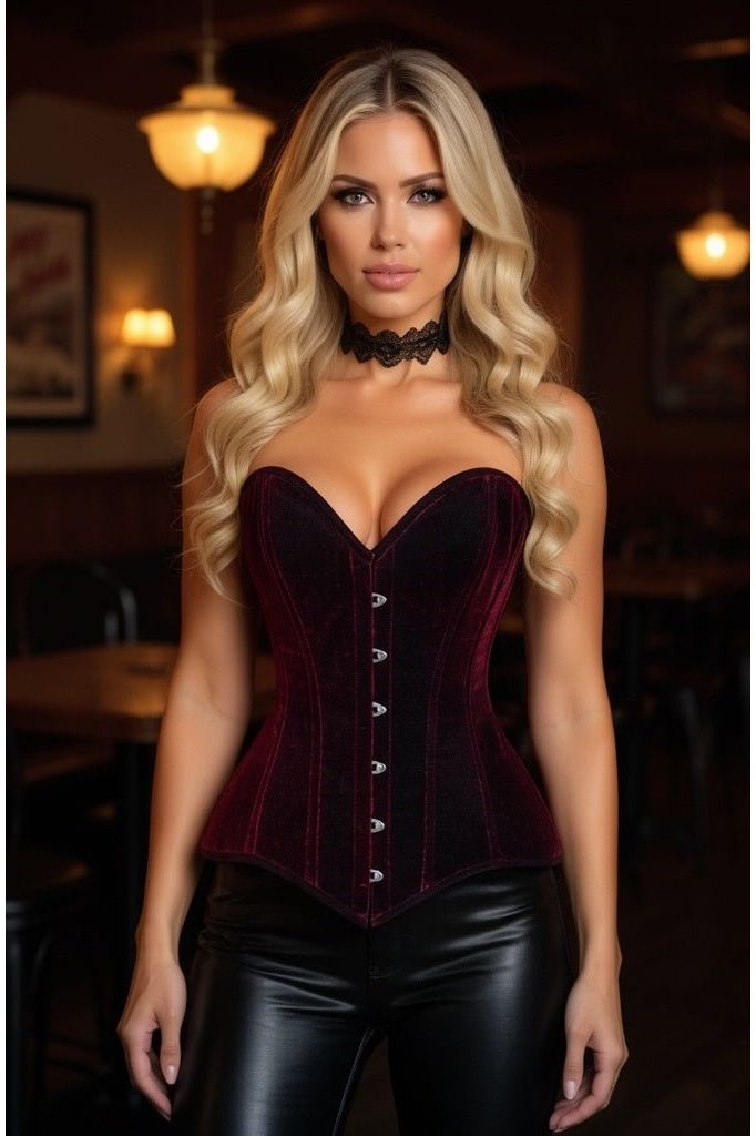 Lavish Dark Red Velvet Overbust Corset Sweetheart Neckline Busk Closure - Daisy Corsets