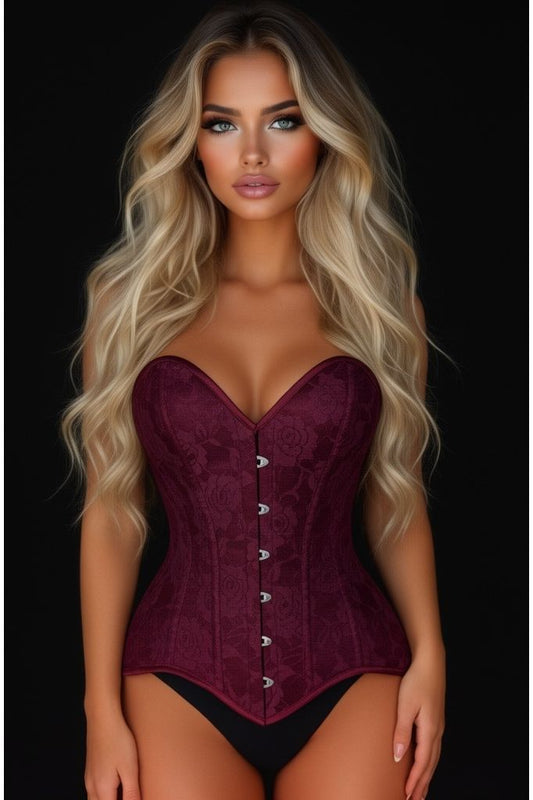Lavish Dark Red Wine Lace Overbust Corset Sweetheart Neckline Busk Closure - Daisy Corsets