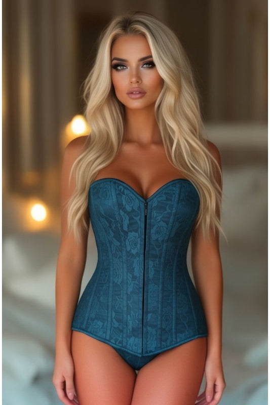 Lavish Dark Teal Lace Overbust Corset w/Zipper - Daisy Corsets