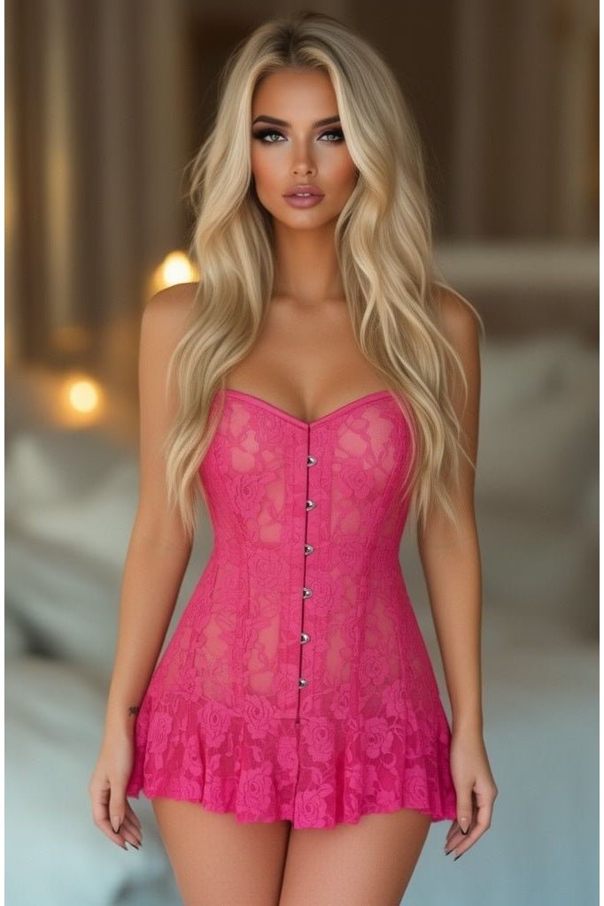 Lavish Fuchsia Sheer Lace Corset Dress - Daisy Corsets