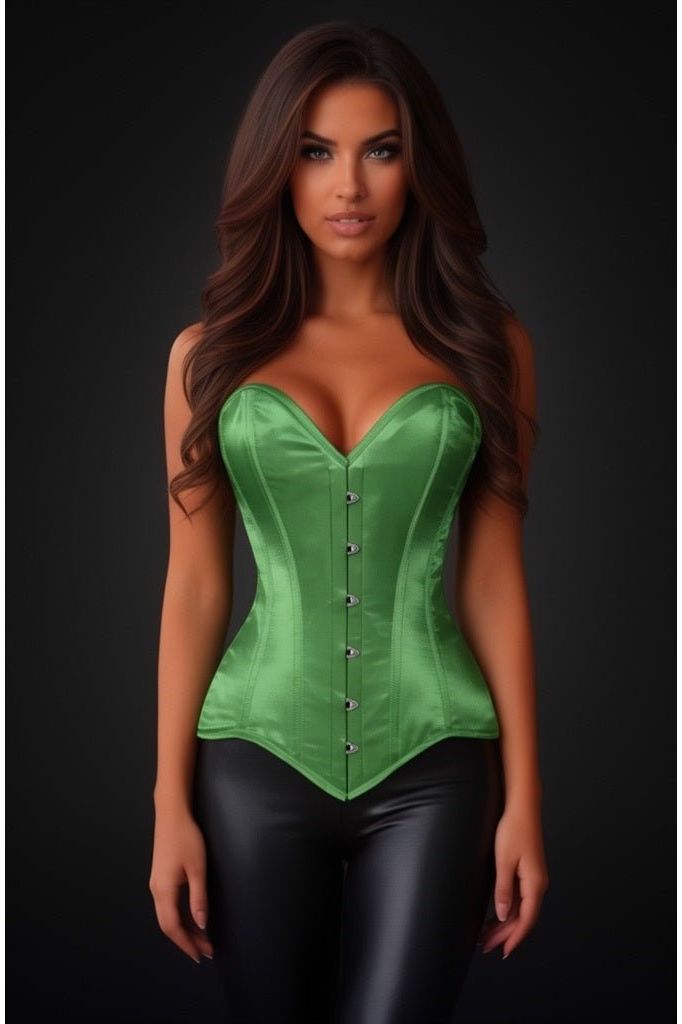 Lavish Green Satin Overbust Corset Sweetheart Neckline Busk Closure - Daisy Corsets