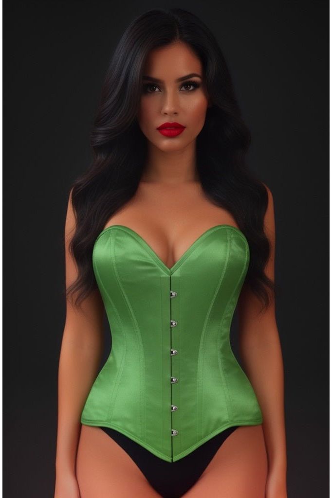 Lavish Green Satin Overbust Corset Sweetheart Neckline Busk Closure - Daisy Corsets