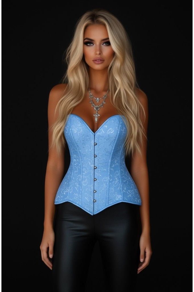 Lavish Lt Blue Brocade Overbust Corset W/Busk Closure - Daisy Corsets