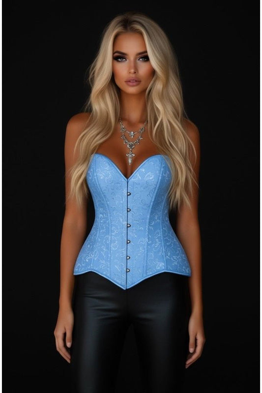 Lavish Lt Blue Brocade Overbust Corset W/Busk Closure - Daisy Corsets