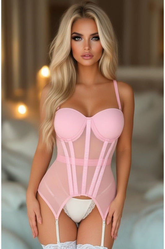 Lavish Lt Pink Mesh Underwire Bustier Corset w/Garters - Daisy Corsets