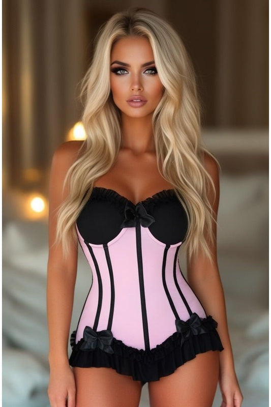 Lavish Lt Pink w/Black Lycra Hook & Eye Stretch Bustier Corset - Daisy Corsets
