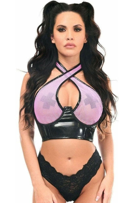 Lavish Lt Pink/Black Vinyl & Fishnet Halter Top Underwire Cincher - Daisy Corsets