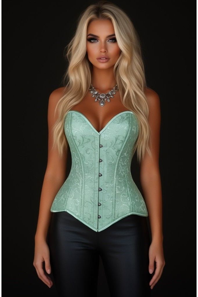 Lavish Mint Green Brocade Overbust Corset W/Busk Closure - Daisy Corsets