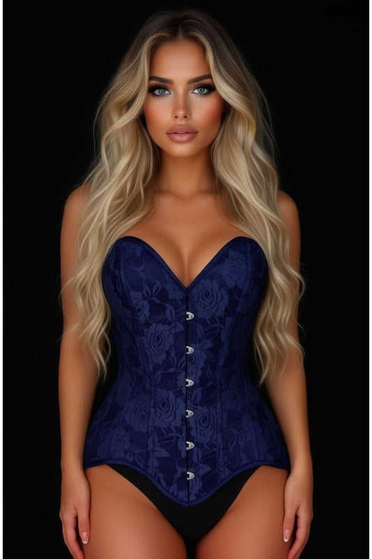 Lavish Navy Blue Lace Overbust Corset Sweetheart Neckline Busk Closure - Daisy Corsets