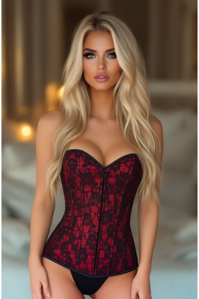 Lavish Red Lace Front Zipper Corset - Daisy Corsets