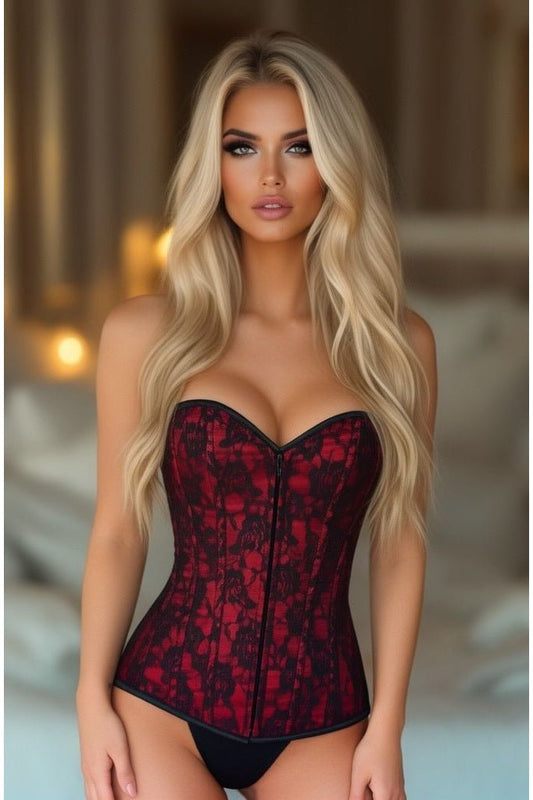Lavish Red Lace Front Zipper Corset - Daisy Corsets