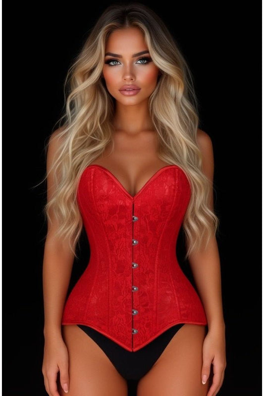 Lavish Red Lace Overbust Corset Sweetheart Neckline Busk Closure - Daisy Corsets