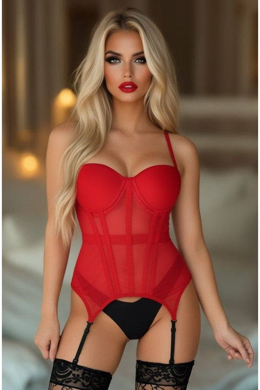 Lavish Red Mesh Underwire Bustier Corset w/Garters - Daisy Corsets
