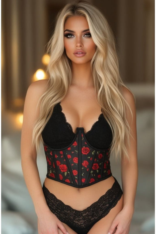 Lavish Red Roses Satin Open Cup Waist Cincher - Daisy Corsets