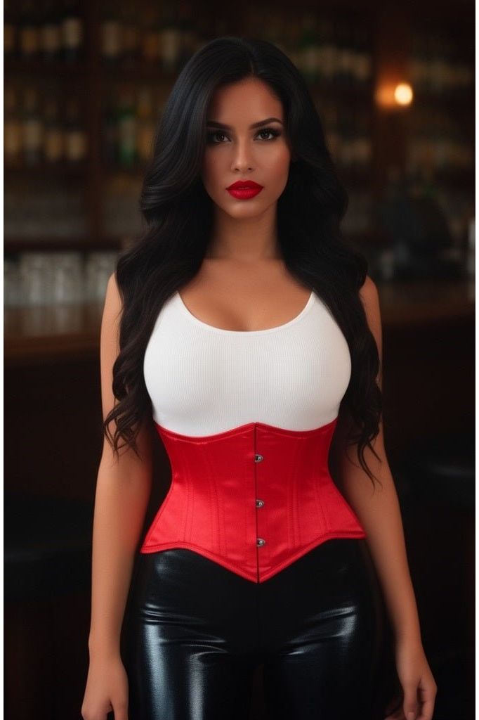 Lavish Red Satin Mini Cincher Underbust Corset Waist Cincher Busk Closure - Daisy Corsets