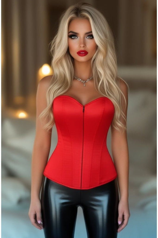 Lavish Red Satin Overbust Sweetheart Front Zipper Corset Top - Daisy Corsets