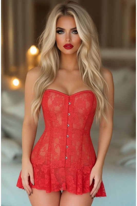Lavish Red Sheer Lace Corset Dress - Daisy Corsets