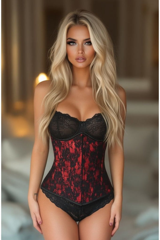 Lavish Red Underbust Corset w/Black Lace Overlay - Daisy Corsets