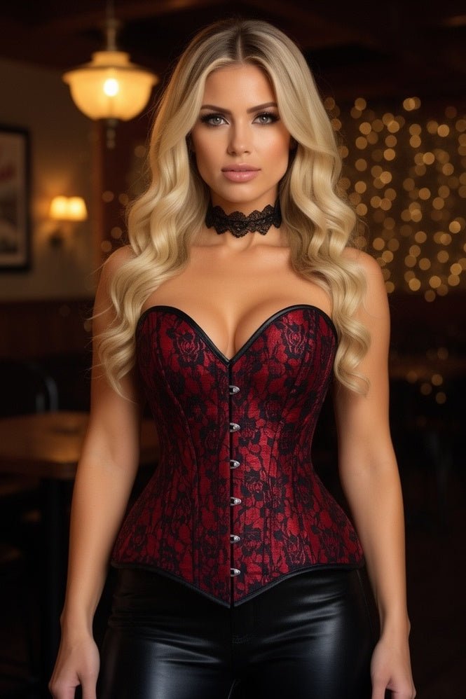 Lavish Red/Black Lace Overbust Corset Sweetheart Neckline Busk Closure - Daisy Corsets