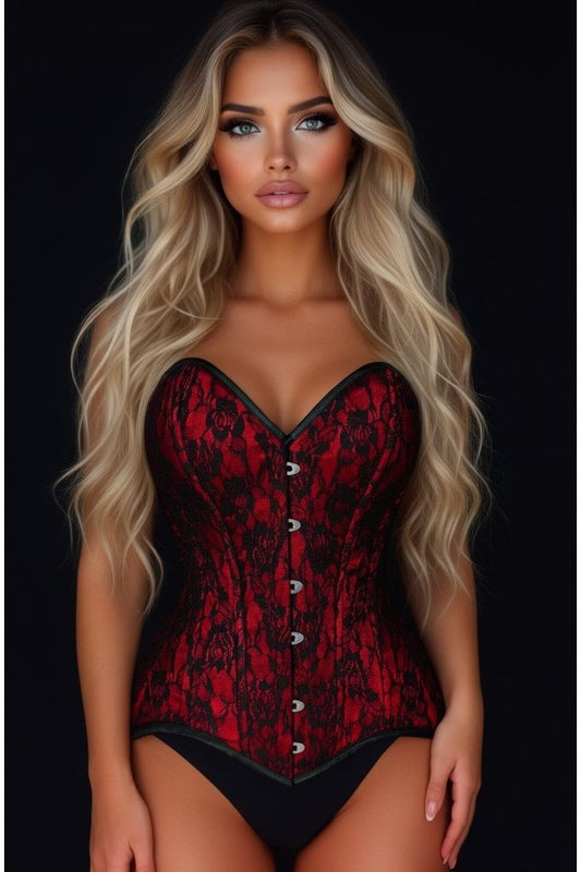 Lavish Red/Black Lace Overbust Corset Sweetheart Neckline Busk Closure - Daisy Corsets