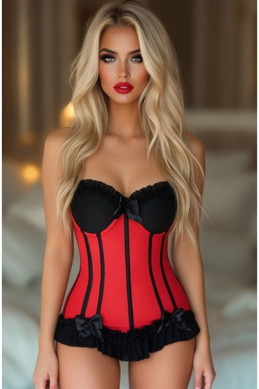 Lavish Red/Black Lycra Hook & Eye Stretch Bustier Corset - Daisy Corsets