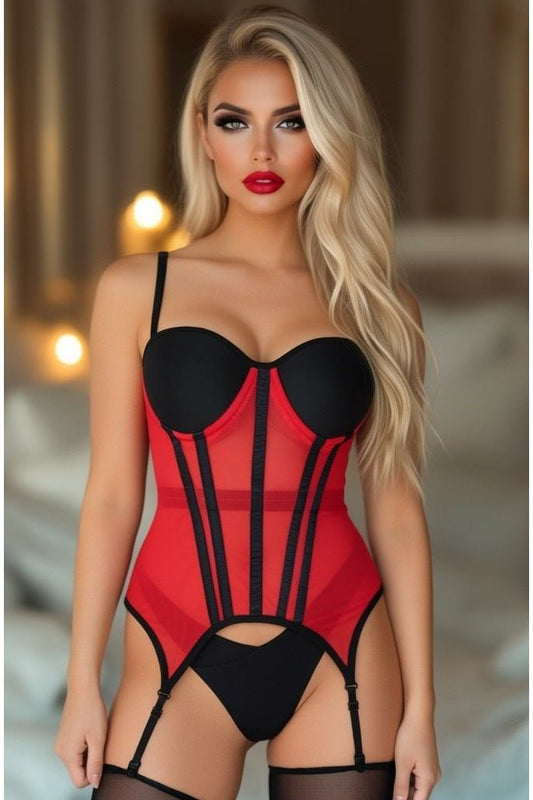 Lavish Red/Black Mesh Underwire Bustier Corset w/Garters - Daisy Corsets