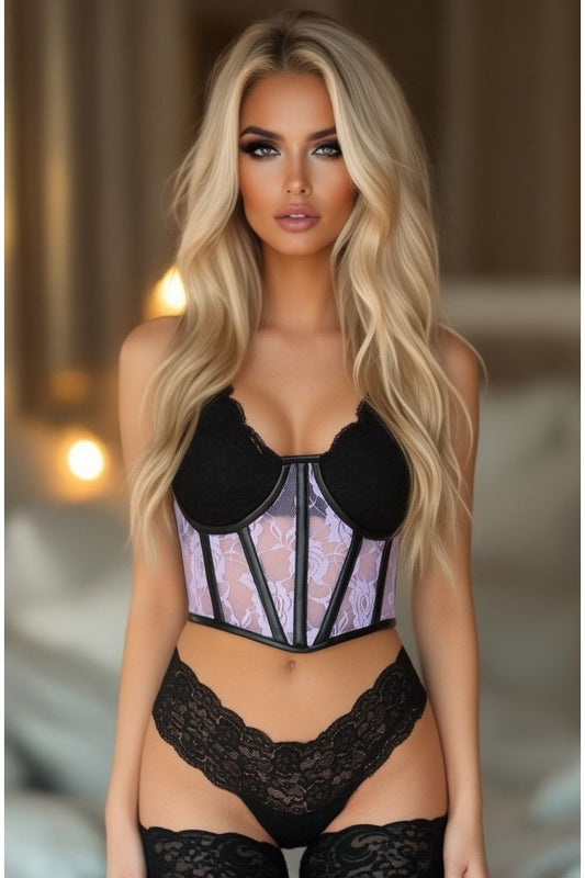Lavish Sheer Lavender Lace & Faux Leather Open Cup Waist Cincher - Daisy Corsets