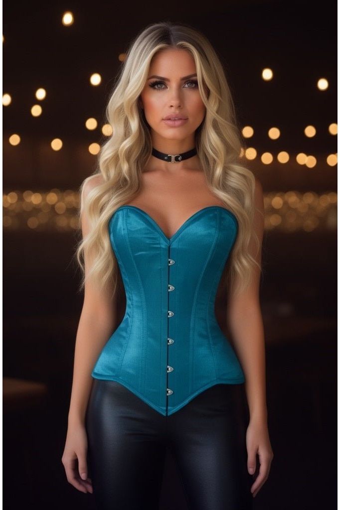 Lavish Teal Satin Overbust Corset Sweetheart Neckline Busk Closure - Daisy Corsets