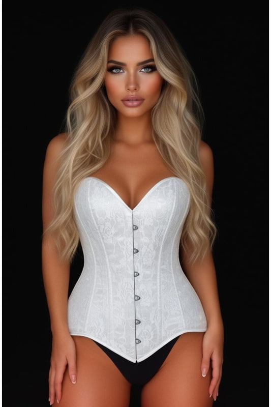 Lavish White Lace Overbust Corset Sweetheart Neckline Busk Closure - Daisy Corsets
