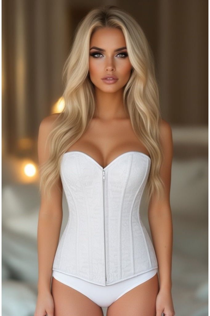 Lavish White Lace Overbust Corset w/Zipper - Daisy Corsets