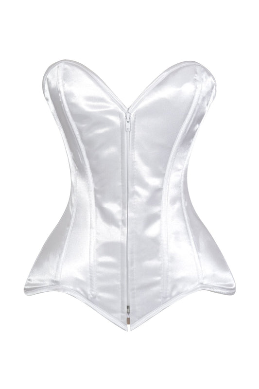 Lavish White Satin Front Zipper Overbust Corset - Daisy Corsets