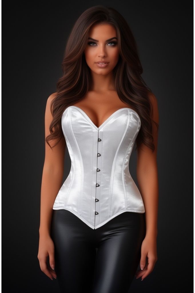 Lavish White Satin Overbust Corset Sweetheart Neckline Busk Closure - Daisy Corsets