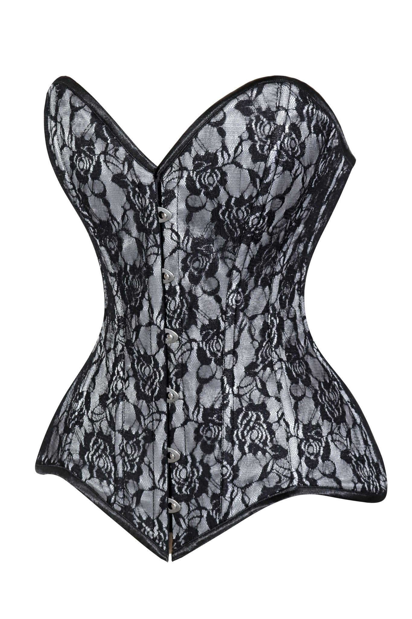 Lavish White/Black Lace Overbust Corset Sweetheart Neckline Busk Closure - Daisy Corsets