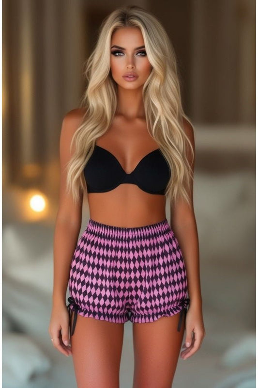 LIMITED EDITION Black/Pink Diamond Print Harlequin Pattern Crepe Bloomers - Daisy Corsets