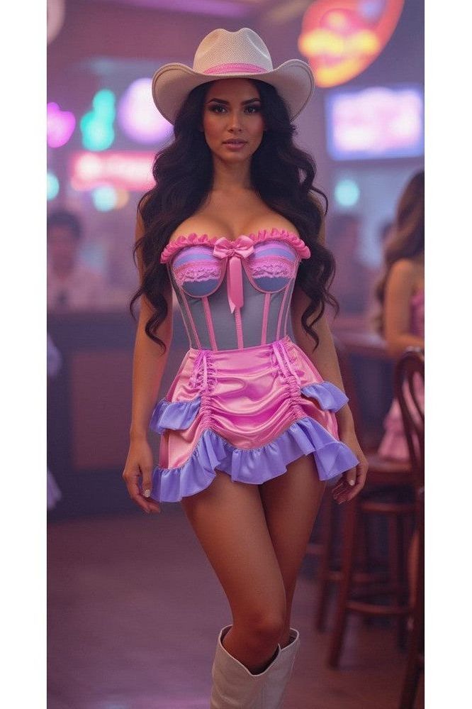 Top Drawer 2 PC Steel Boned Purple/Pink Mesh Underwire Bustier Corset & Skirt Set - Daisy Corsets