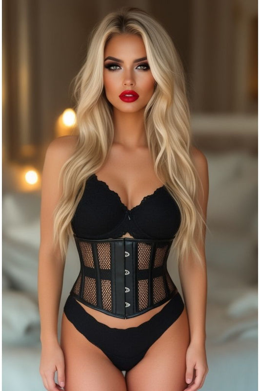 Top Drawer Black Fishnet & Faux Leather Steel Boned Mini Cincher - Daisy Corsets
