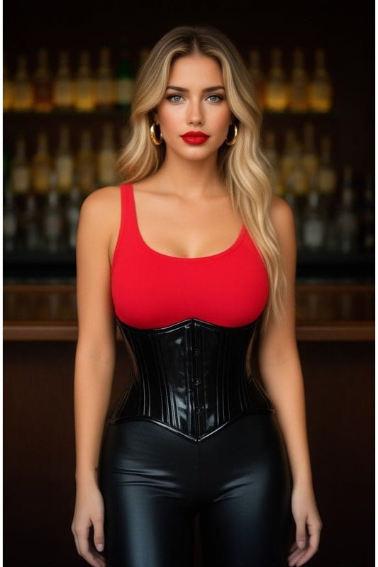 Top Drawer Black Patent PVC Vinyl Double Steel Boned Curvy Cut Waist Cincher - Daisy Corsets